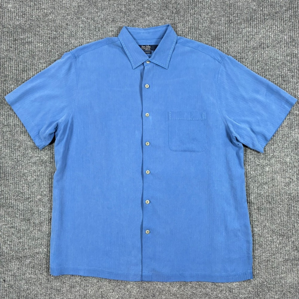 Nat Nast Luxury Originals Silk Shirt Mens Size XL Blue Jacquard Short Sleeve